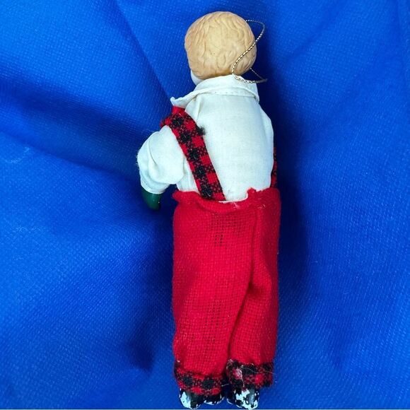 Vintage Porcelain Boy Doll Christmas Tree Ornament Hand Painted In Red Jumper - Picture 3 of 3
